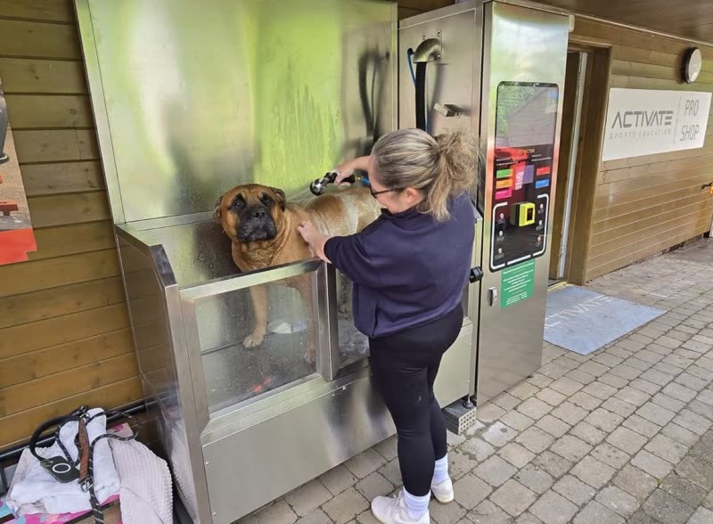 The outdoor stainless steel self-service wash bay in use, with its wooden surround and payment unit